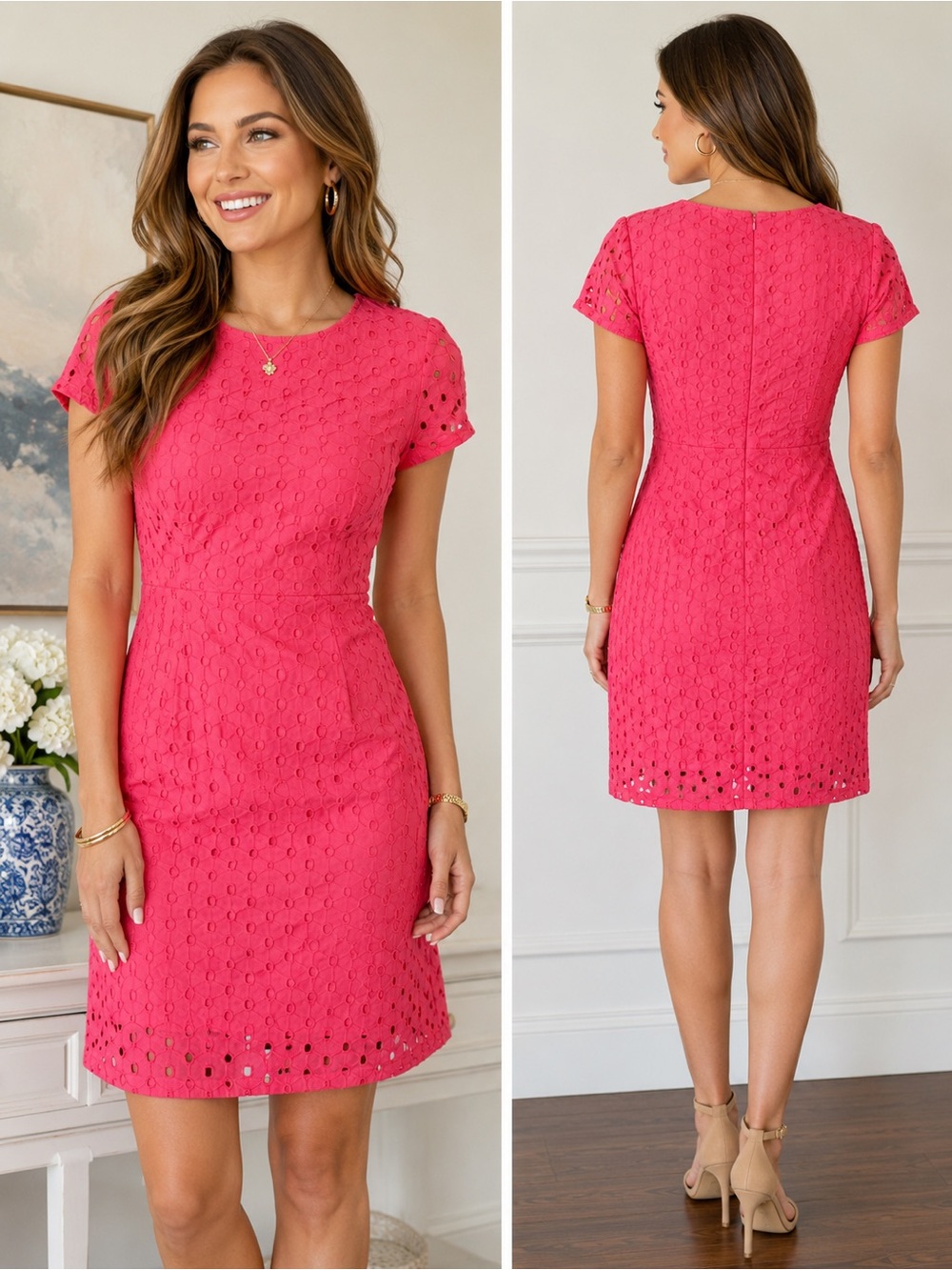 Brooks Brothers Eyelet Sheath Dress – Bright Pink Size 8